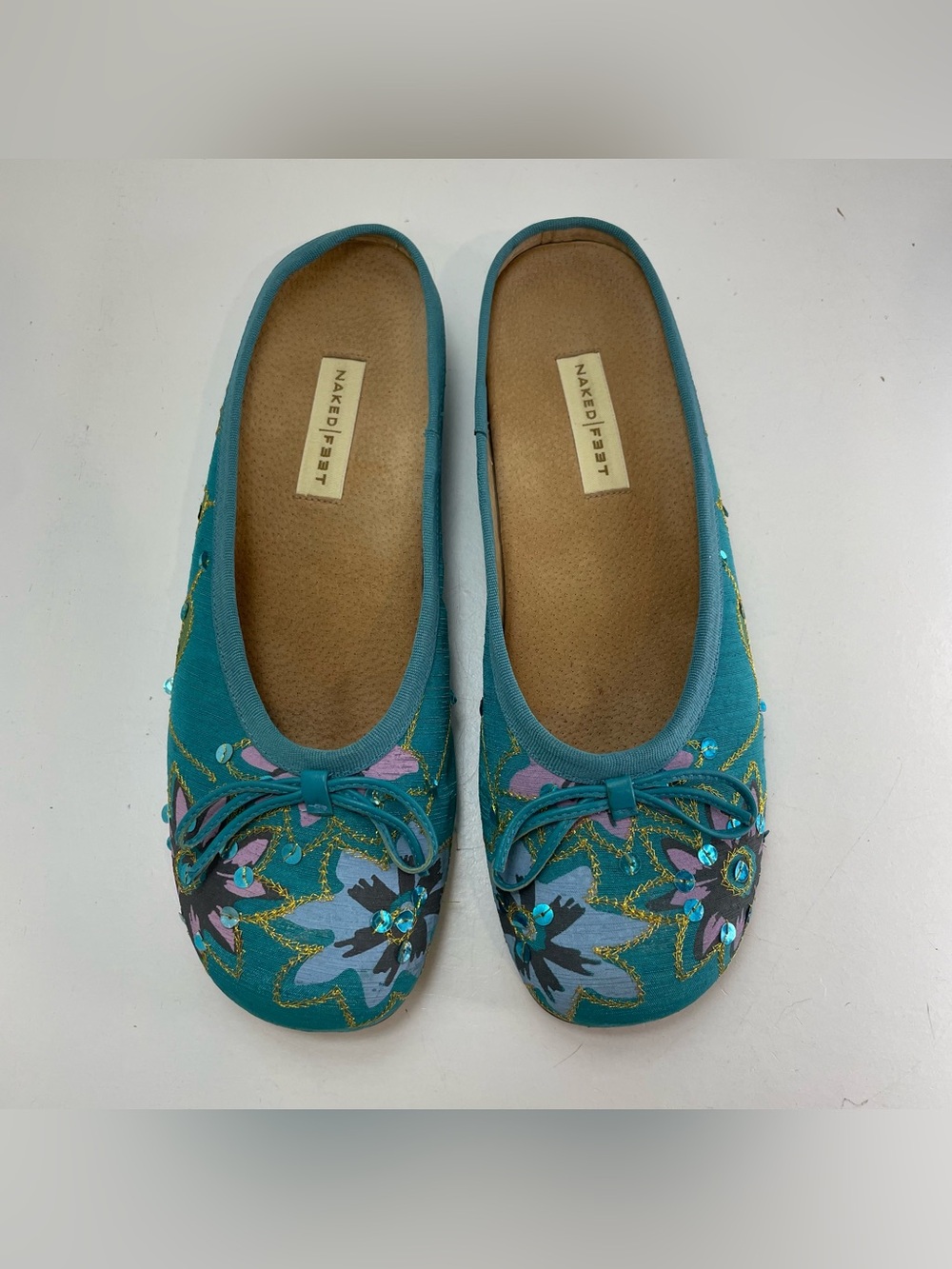 Naked Feet Mules size 9M Tapestry Embroidered Floral Teal Sequin Whimsical Shoes